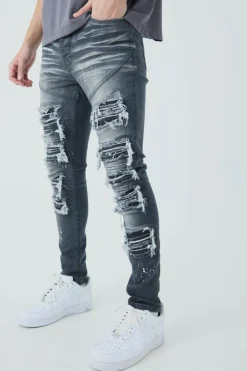 Flash Sale boohooMAN Super Skinny Biker Rip & Repair Paint Splatter Jeans grey