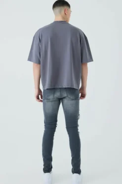 Flash Sale boohooMAN Super Skinny Biker Rip & Repair Paint Splatter Jeans grey