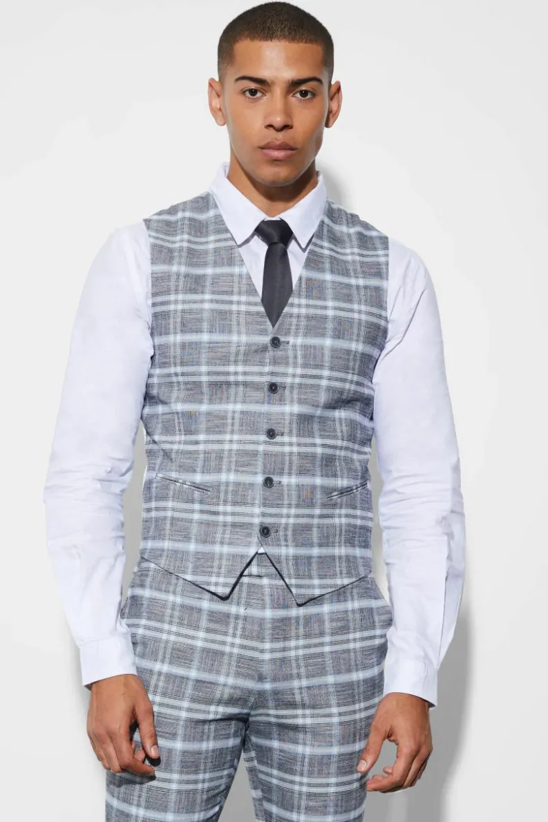 Online boohooMAN Super Skinny Check Waistcoat light grey