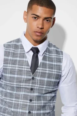 Online boohooMAN Super Skinny Check Waistcoat light grey