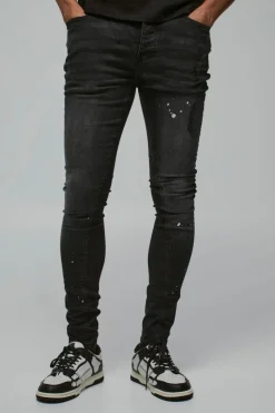 Hot boohooMAN Super Skinny Distressed Paint Splat Jeans washed black