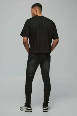 Hot boohooMAN Super Skinny Distressed Paint Splat Jeans washed black