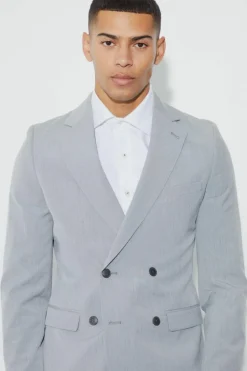 Shop boohooMAN Super Skinny Double Breasted Suit Jacket grey