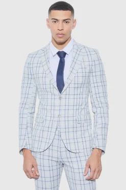 Shop boohooMAN Super Skinny Check Suit Trousers grey