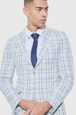 Shop boohooMAN Super Skinny Check Suit Trousers grey