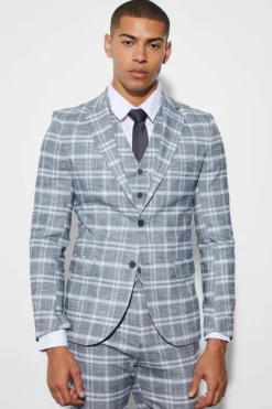 Sale boohooMAN Super Skinny Single Breasted Checked Blazer light grey