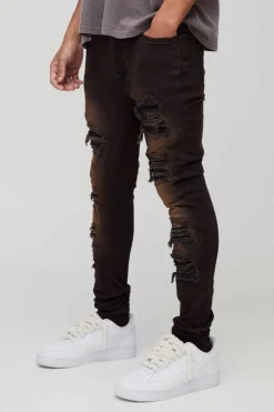 Cheap boohooMAN Super Skinny Stretch Biker Rip & Repair Denim Jeans brown