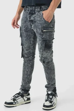 Flash Sale boohooMAN Super Skinny Stretch Acid Wash Cargo Jeans black