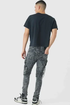 Flash Sale boohooMAN Super Skinny Stretch Acid Wash Cargo Jeans black