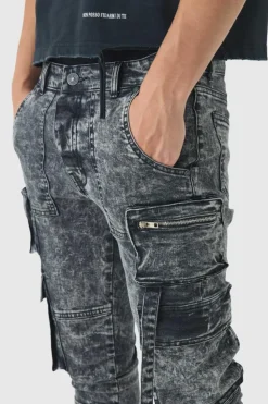 Flash Sale boohooMAN Super Skinny Stretch Acid Wash Cargo Jeans black