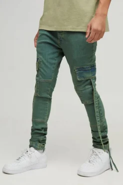 Cheap boohooMAN Super Skinny Stretch Cargo Strap Wash Jeans green