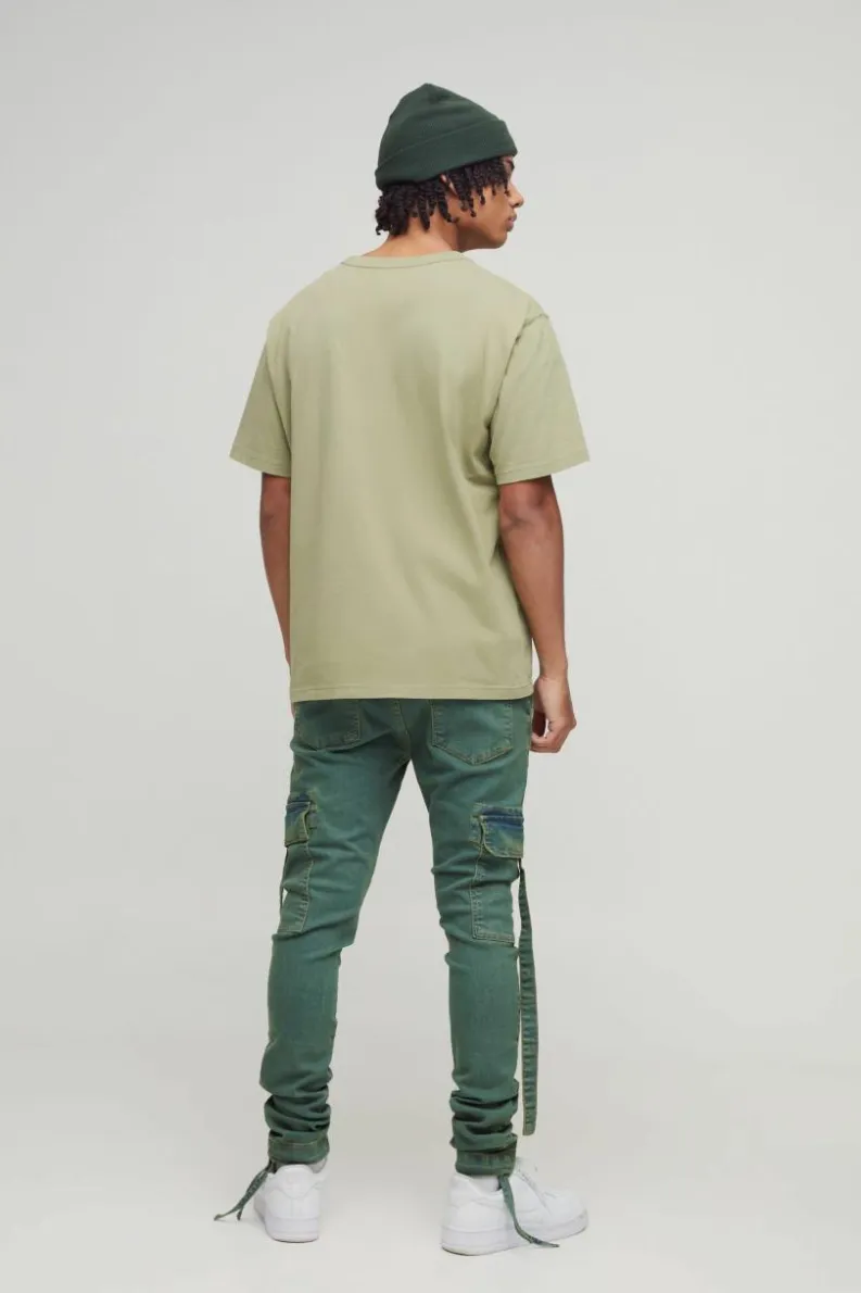 Cheap boohooMAN Super Skinny Stretch Cargo Strap Wash Jeans green