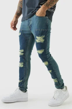 Store boohooMAN Super Skinny Stretch Carpenter Rip & Repair Denim Jeans petrol