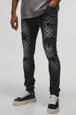 Cheap boohooMAN Super Skinny Stretch Checkerboard Ripped Denim Jeans washed black