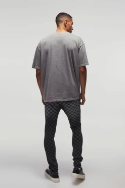 Cheap boohooMAN Super Skinny Stretch Checkerboard Ripped Denim Jeans washed black