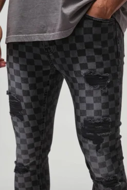 Cheap boohooMAN Super Skinny Stretch Checkerboard Ripped Denim Jeans washed black