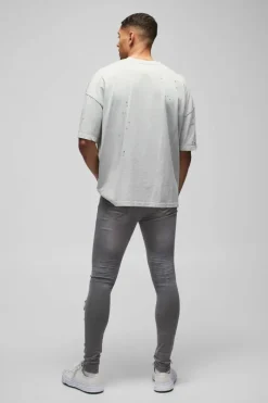 Hot boohooMAN Super Skinny Stretch Ripped Jean In Dirty Wash grey