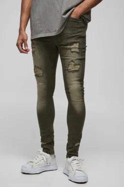 Shop boohooMAN Super Skinny Stretch Ripped Jean grey