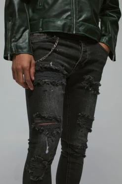 Online boohooMAN Super Skinny Stretch Rip & Repair Denim Jeans true black