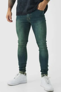 Cheap boohooMAN Super Skinny Stretch Stacked Green Tinted Jeans dark green