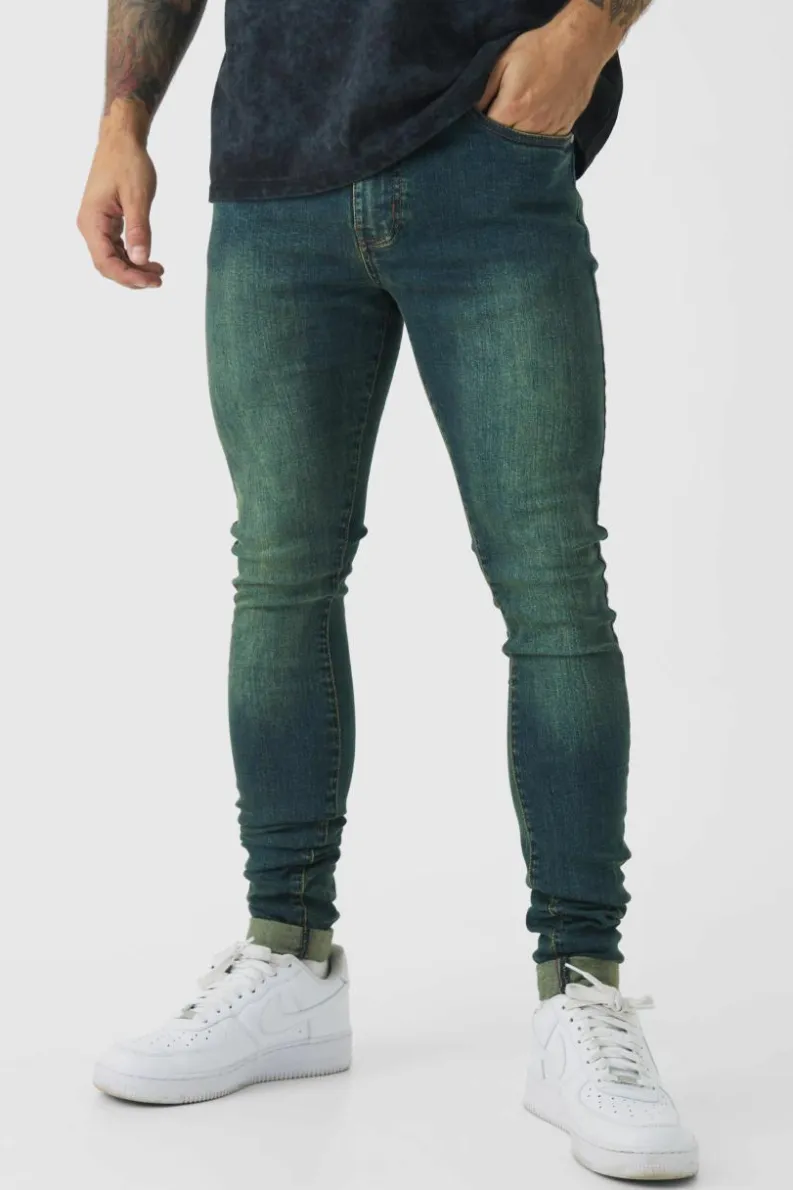 Cheap boohooMAN Super Skinny Stretch Stacked Green Tinted Jeans dark green