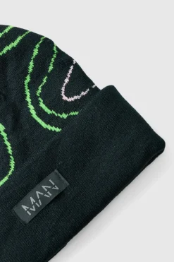 Cheap boohooMAN Swirl Print Man Tab Graphic Beanie black