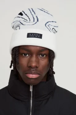 Hot boohooMAN Swirl Print Man Tab Graphic Beanie white