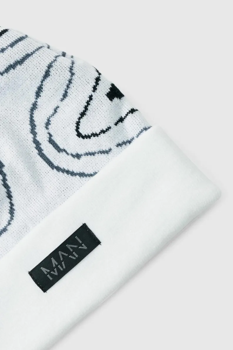 Hot boohooMAN Swirl Print Man Tab Graphic Beanie white
