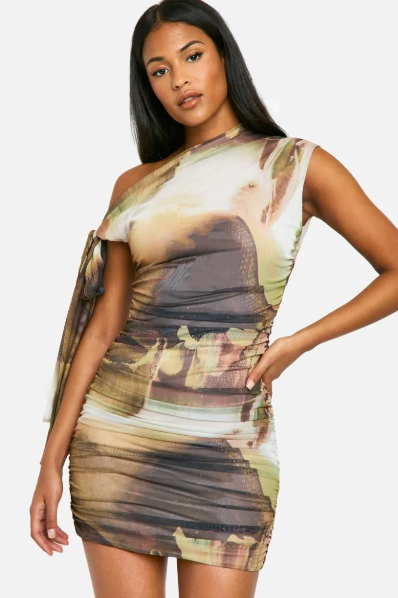 Online boohoo Tall Abstract Tie Shoulder Ruched Mini Dress natural