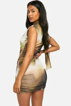 Online boohoo Tall Abstract Tie Shoulder Ruched Mini Dress natural