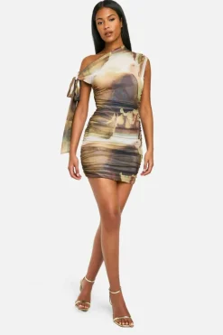 Online boohoo Tall Abstract Tie Shoulder Ruched Mini Dress natural