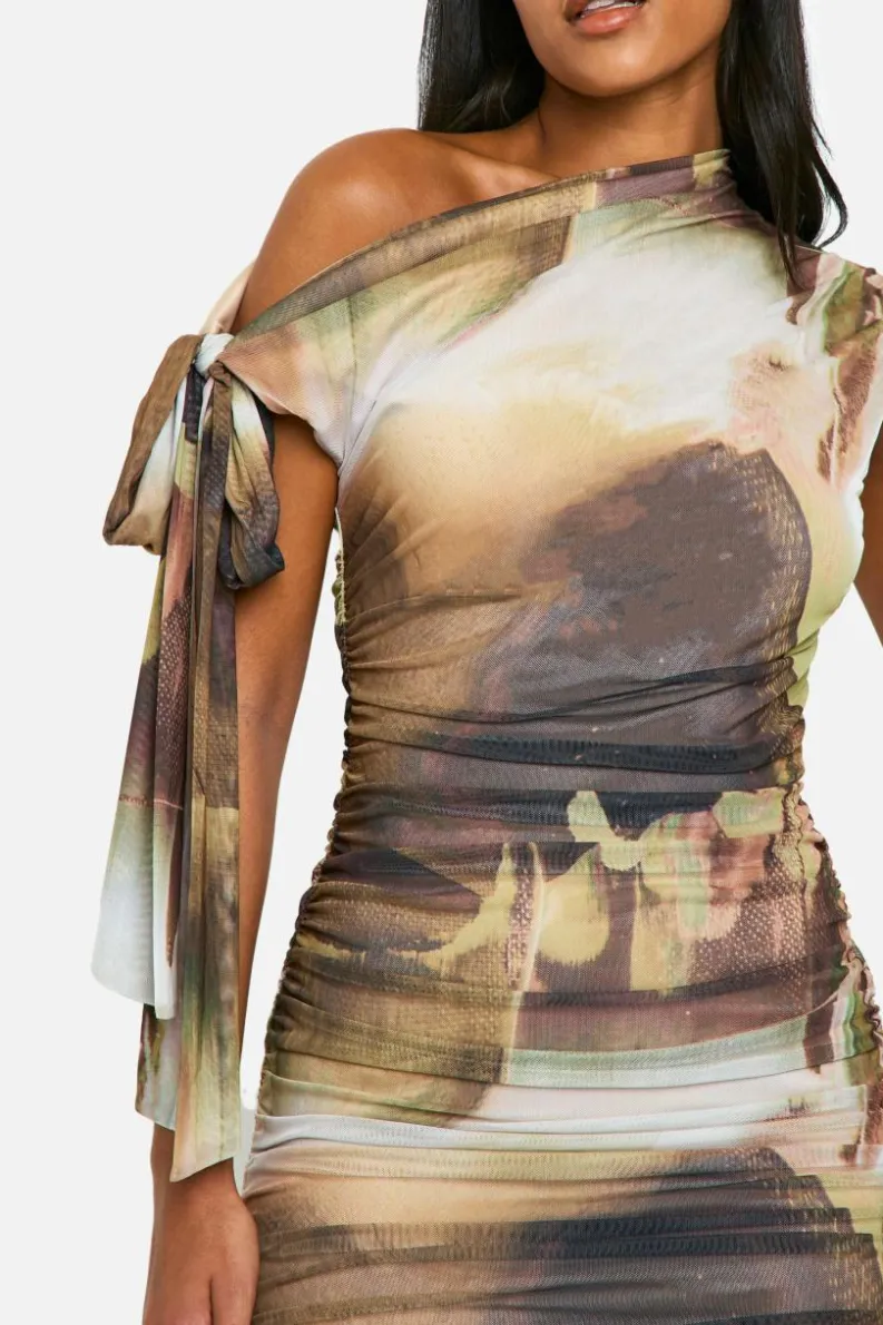 Online boohoo Tall Abstract Tie Shoulder Ruched Mini Dress natural