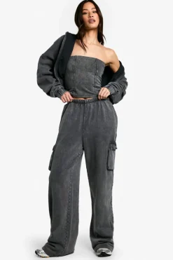 Online boohoo Tall Acid Wash Corset Top Hooded 3 Piece Tracksuit acid wash black