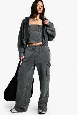Online boohoo Tall Acid Wash Corset Top Hooded 3 Piece Tracksuit acid wash black