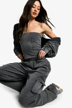 Online boohoo Tall Acid Wash Corset Top Hooded 3 Piece Tracksuit acid wash black