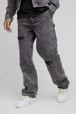 Discount boohooMAN Tall Acid Wash Distressed Relaxed Fit Carpenter Trousers grey
