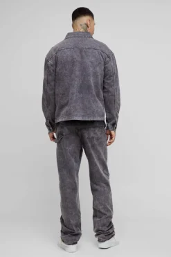 Discount boohooMAN Tall Acid Wash Distressed Relaxed Fit Carpenter Trousers grey