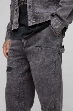 Discount boohooMAN Tall Acid Wash Distressed Relaxed Fit Carpenter Trousers grey