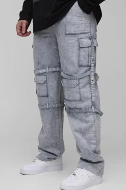 New boohooMAN Tall Acid Wash Strappy Relaxed Fit Cargo Trousers grey