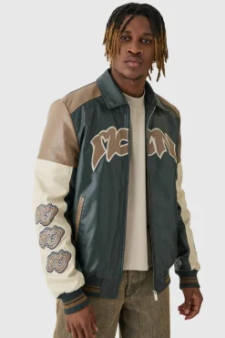 Shop boohooMAN Tall Badge Detail Colour Block PU Varsity Jacket In black