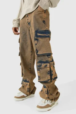 Best Sale boohooMAN Tall Baggy Fit Acid Wash Cargo Jeans antique wash