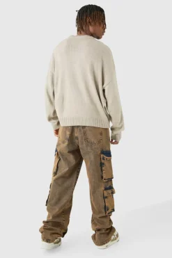 Best Sale boohooMAN Tall Baggy Fit Acid Wash Cargo Jeans antique wash