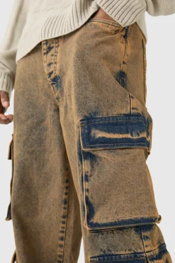 Best Sale boohooMAN Tall Baggy Fit Acid Wash Cargo Jeans antique wash