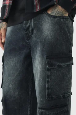 Hot boohooMAN Tall Baggy Fit Washed Multi Pocket Cargo Jeans washed black