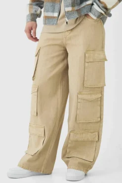 Outlet boohooMAN Tall Baggy Fit Washed Multi Pocket Cargo Jeans stone