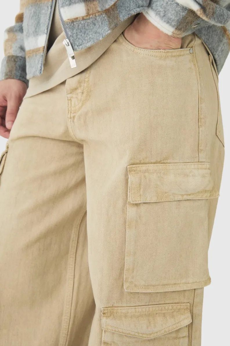 Outlet boohooMAN Tall Baggy Fit Washed Multi Pocket Cargo Jeans stone