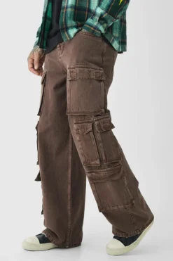 Discount boohooMAN Tall Baggy Fit Washed Multi Pocket Cargo Jeans chocolate