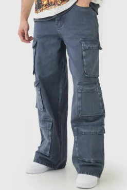 Outlet boohooMAN Tall Baggy Fit Washed Multi Pocket Cargo Jeans grey