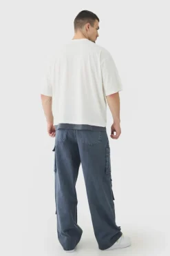 Outlet boohooMAN Tall Baggy Fit Washed Multi Pocket Cargo Jeans grey