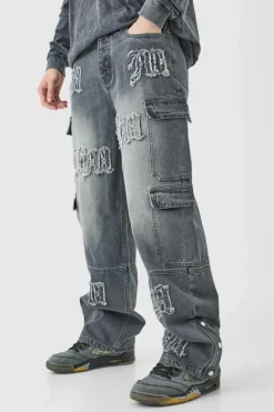 Shop boohooMAN Tall Baggy Rigid Bm Applique Multi Pocket Cargo Jeans grey